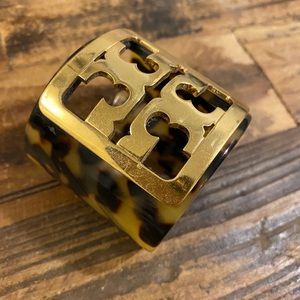 Tory Burch Tortoise and Gold Logo Cuff Bracelet